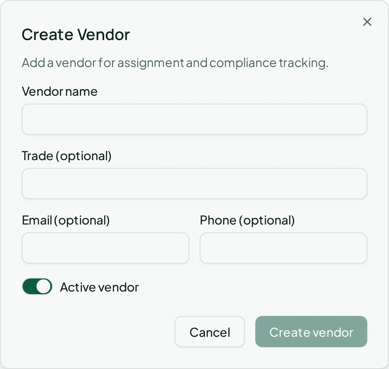 The Create Vendor dialog with the vendor’s name, trade, contact details, and compliance fields.