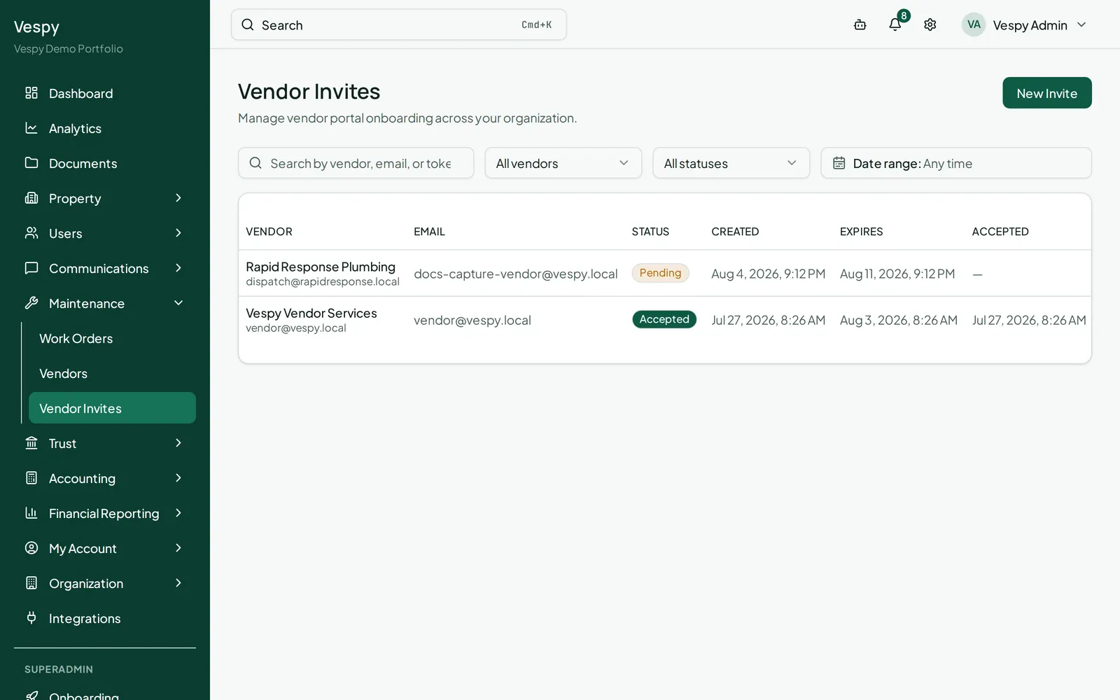 The Vendor Invites screen listing sent invites and their status, with the New Invite action.