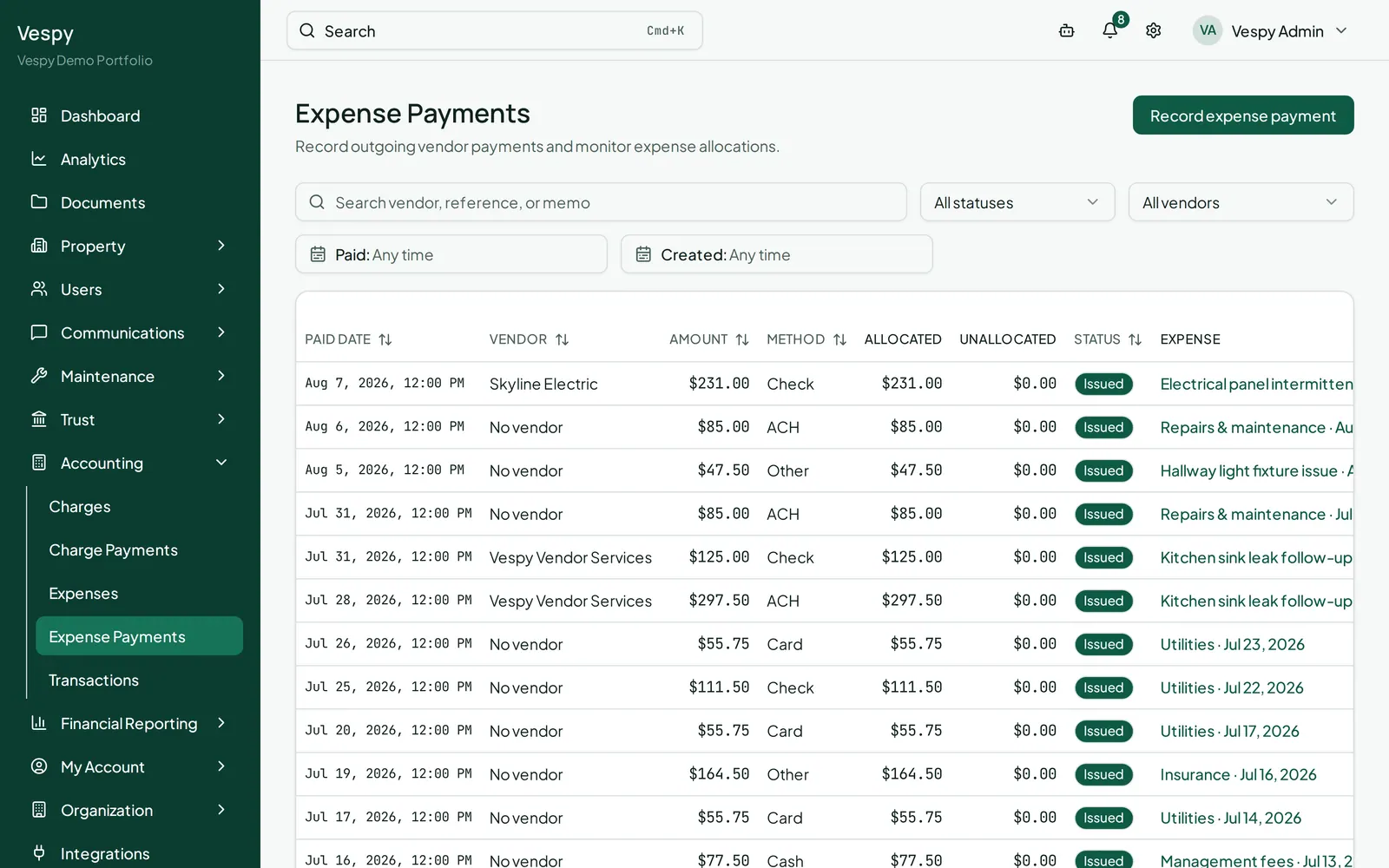 The Expense Payments screen listing payments made to vendors against recorded bills.