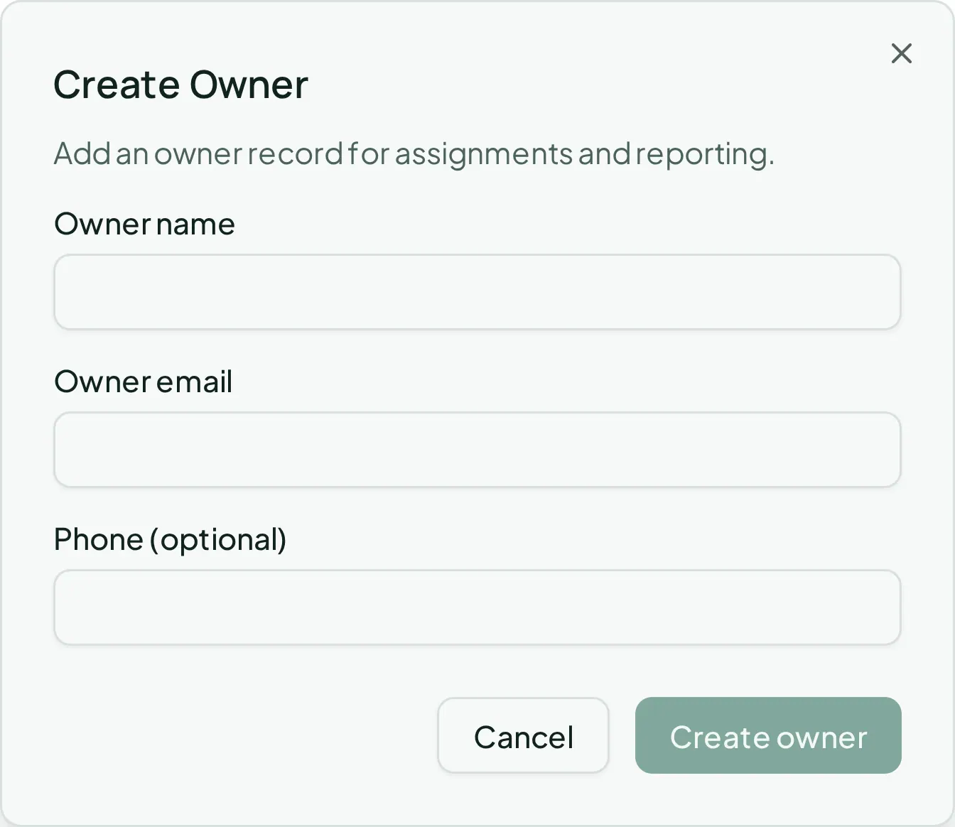 The Create Owner dialog with the owner’s name, email, and contact details.