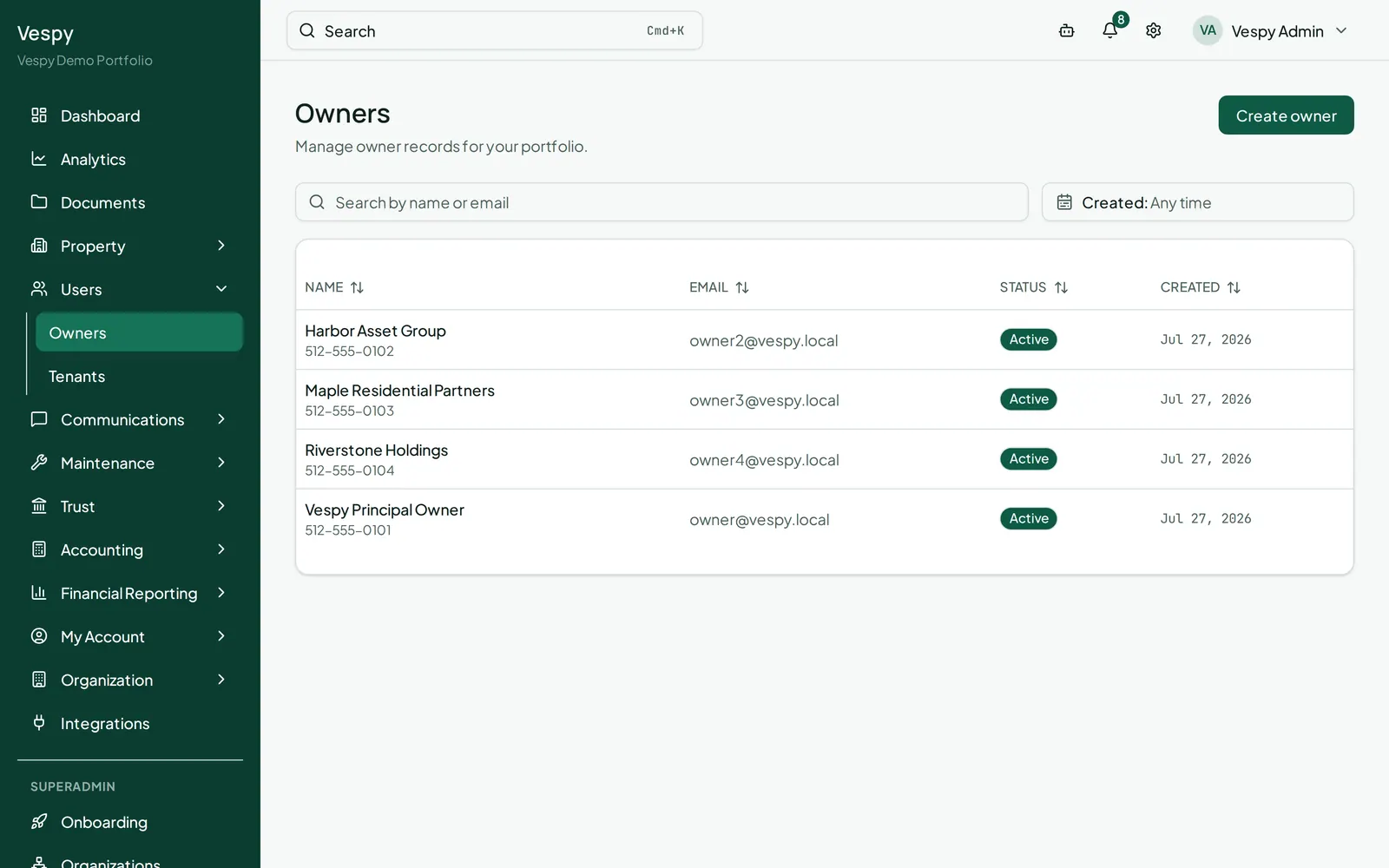 The Owners list, from which an owner is opened to attach a property to them.