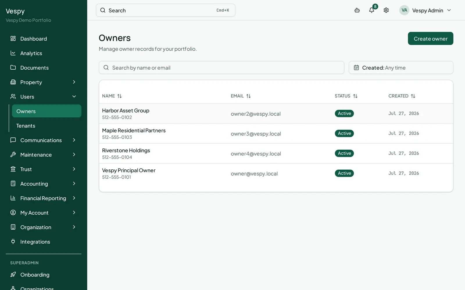 An owner’s detail page: contact info, attached properties, the owner ledger, notes, and documents.