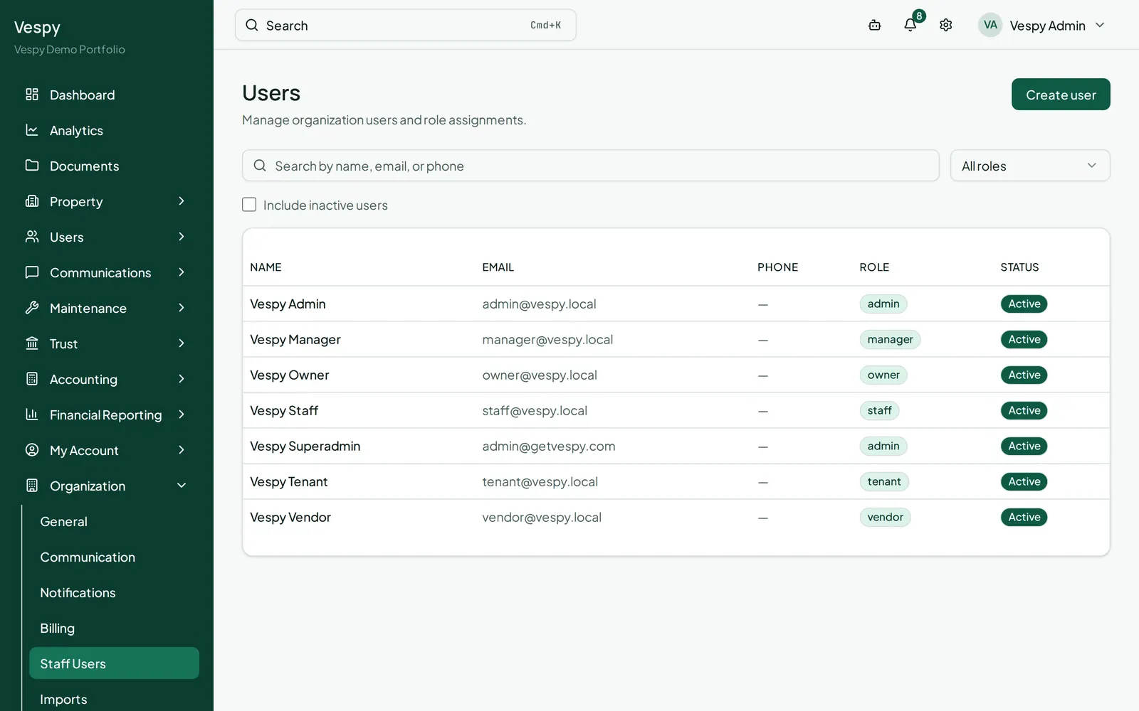 The Staff Users screen listing each staff account with its role.