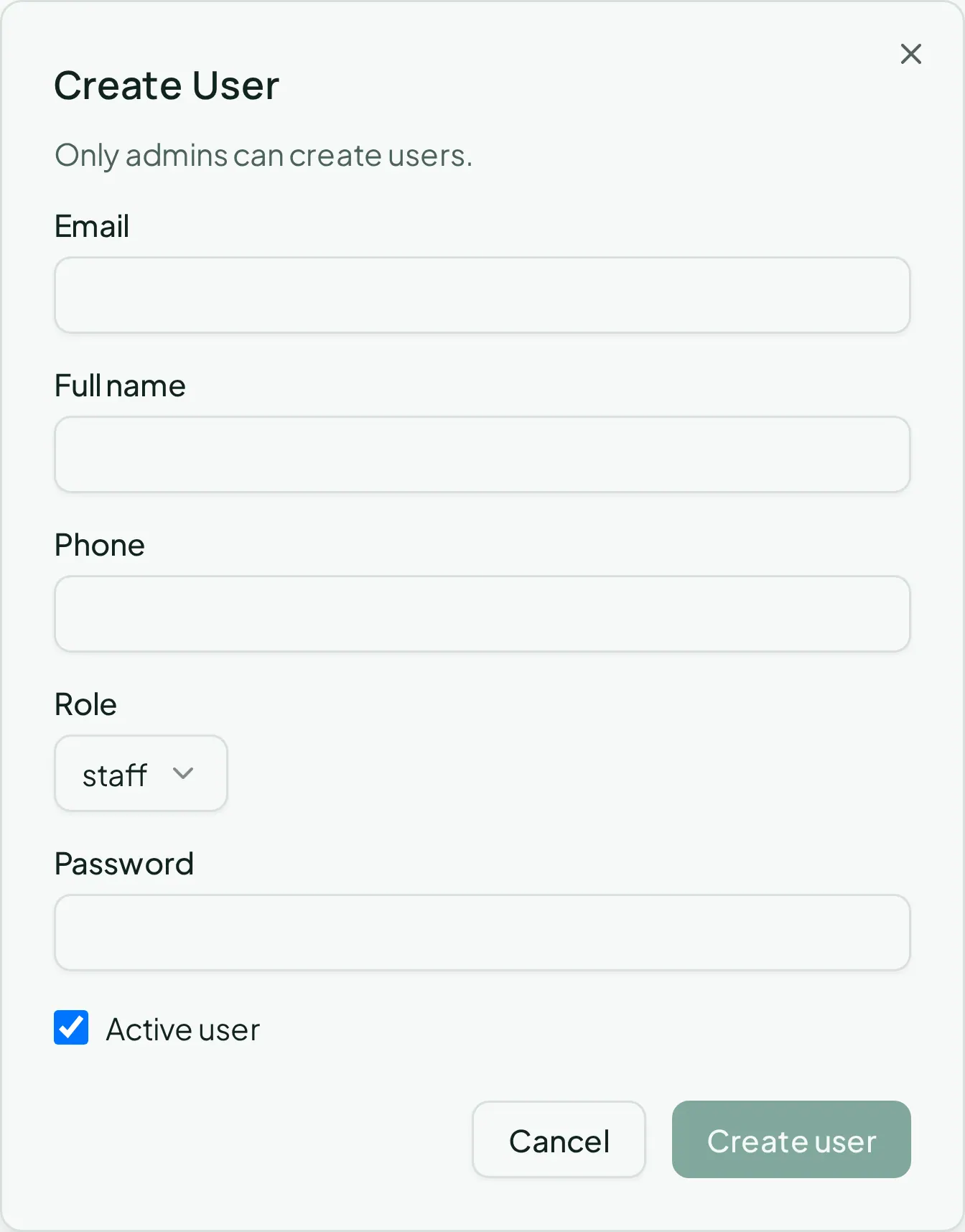The Create User dialog with name, email, password, and role fields.