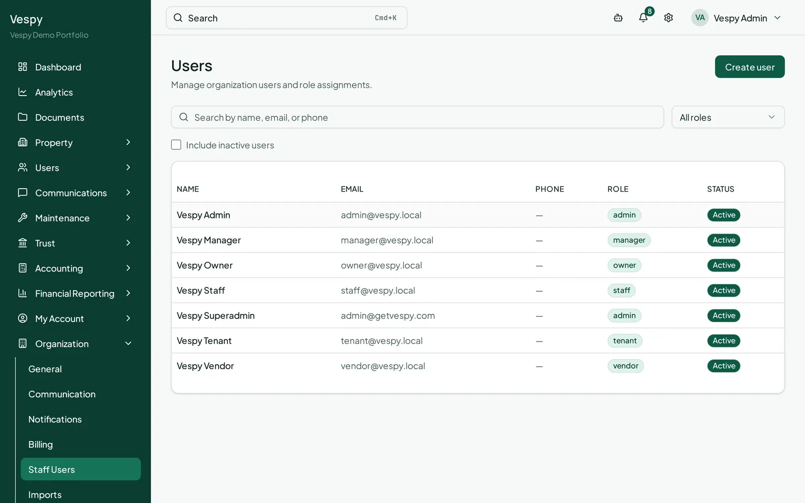 The staff user list, where an existing member’s role can be changed or their access removed.