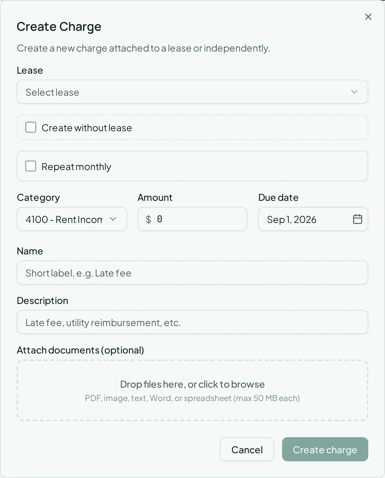 The Create Charge dialog, with the lease, amount, due date, and the option to repeat it monthly.