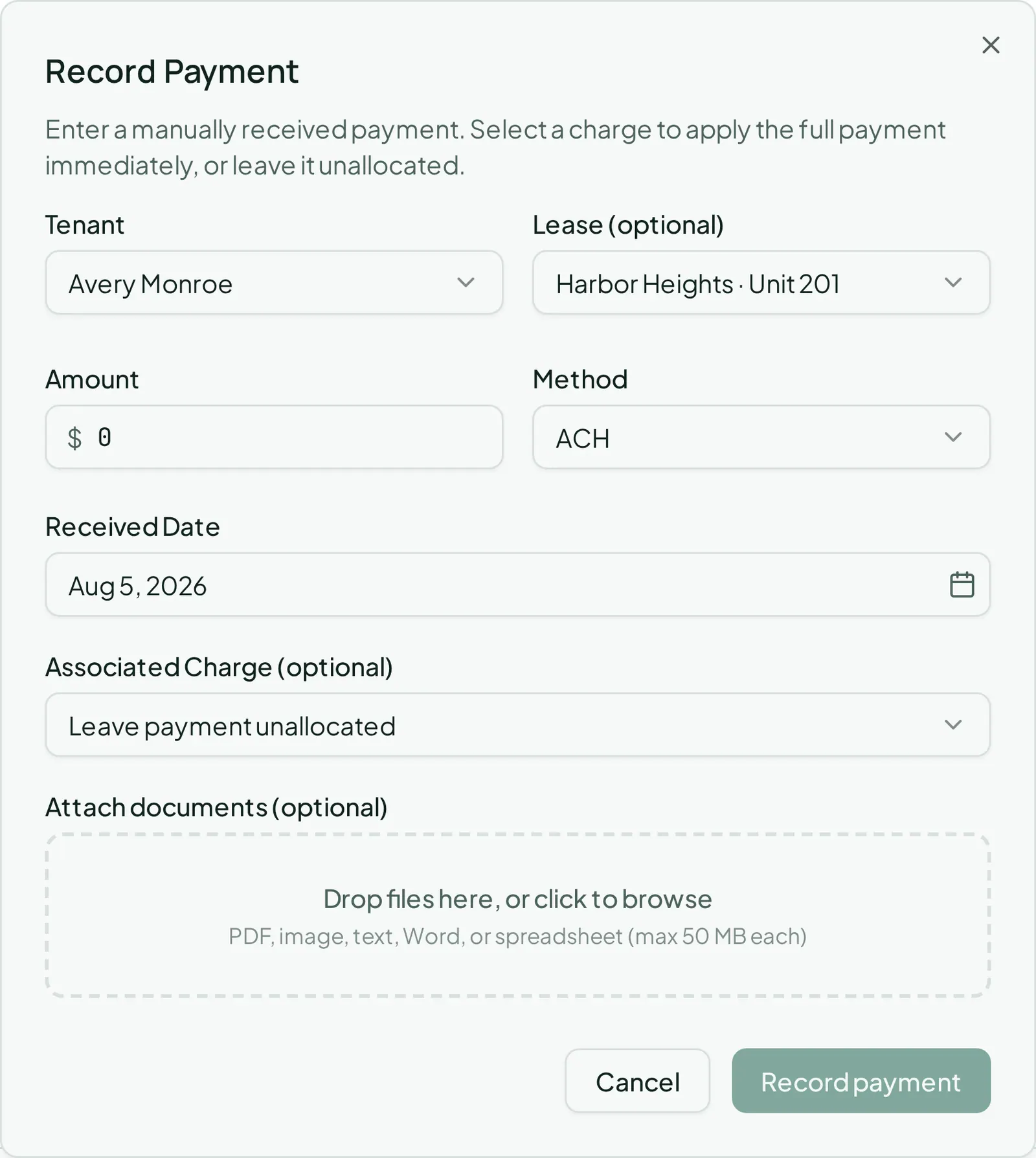 The Record Payment dialog, capturing the amount, date, method, and which charges it settles.