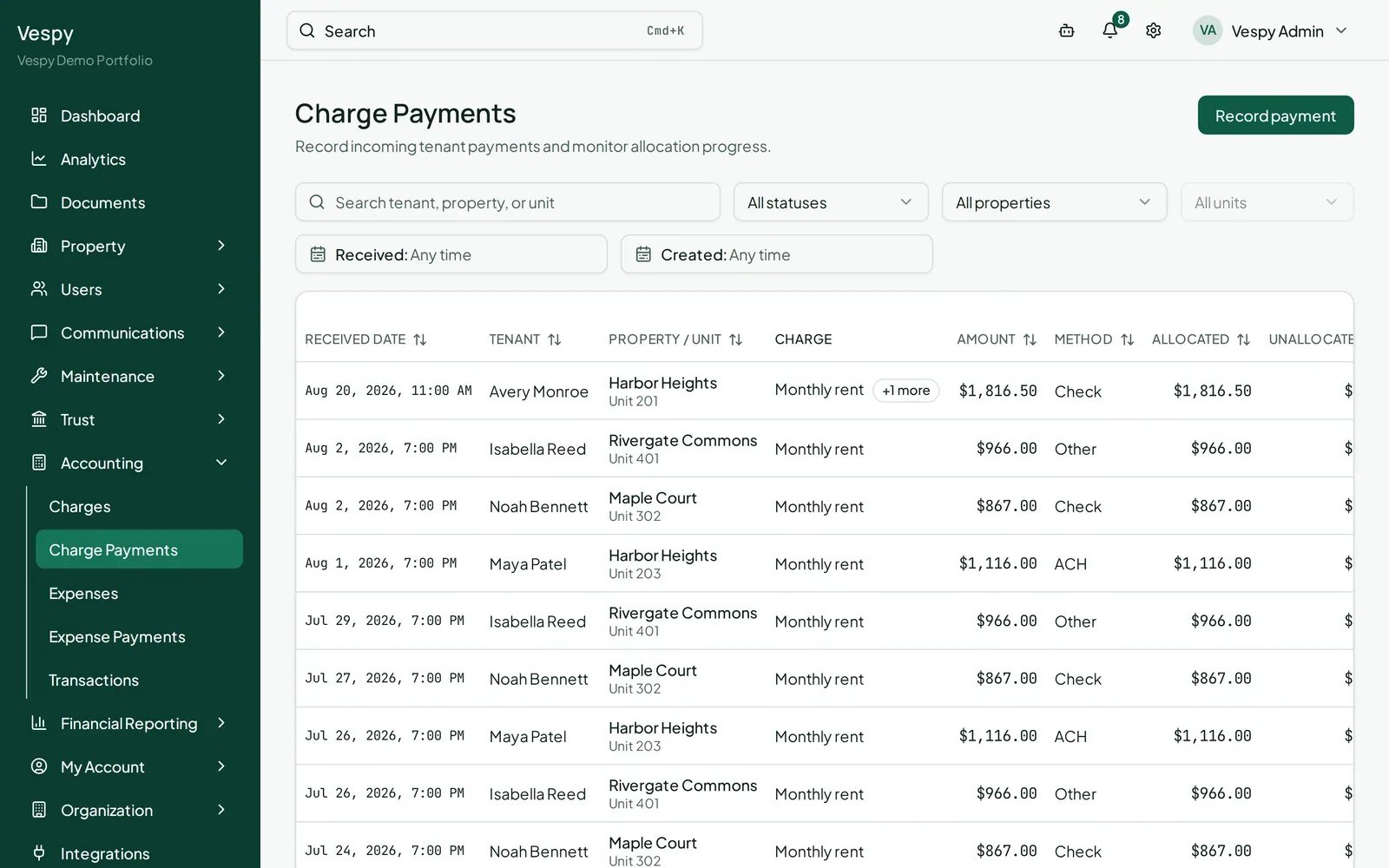 The Charge Payments screen, where a recorded payment is opened to reallocate it across charges or correct it.