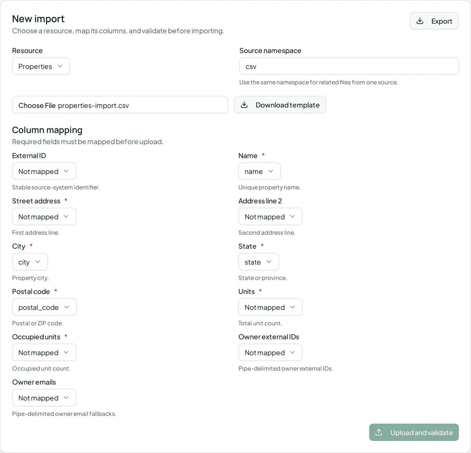 The column mapping step, pairing each field Vespy expects with a column from the uploaded CSV.