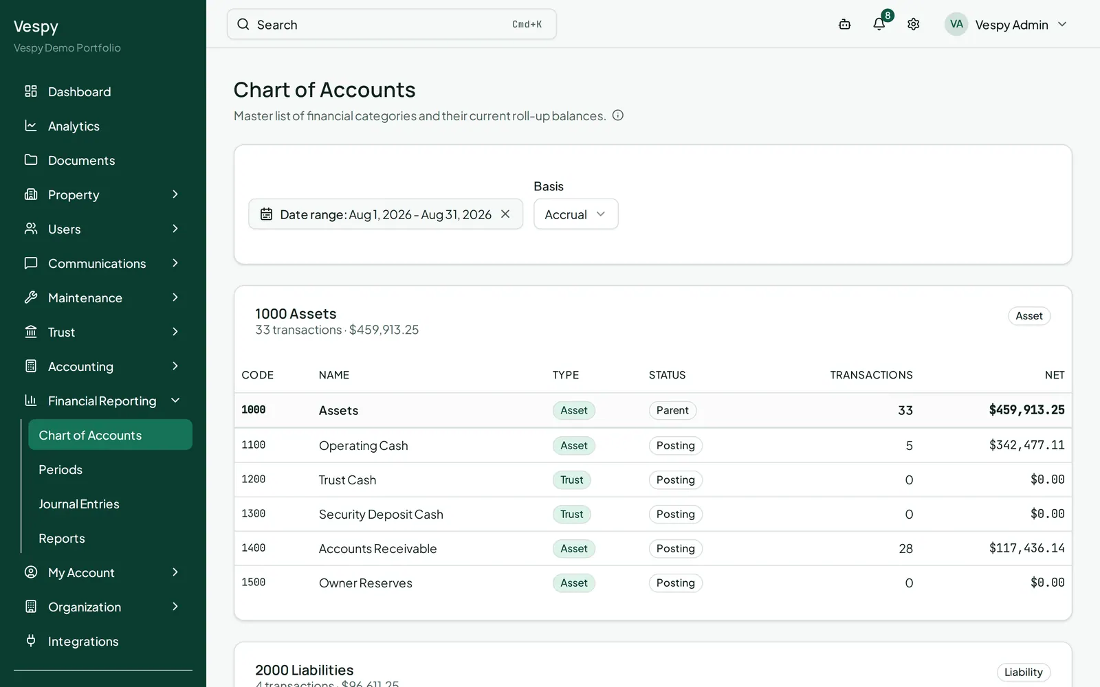 The Chart of Accounts screen listing each account with its code, name, and type.