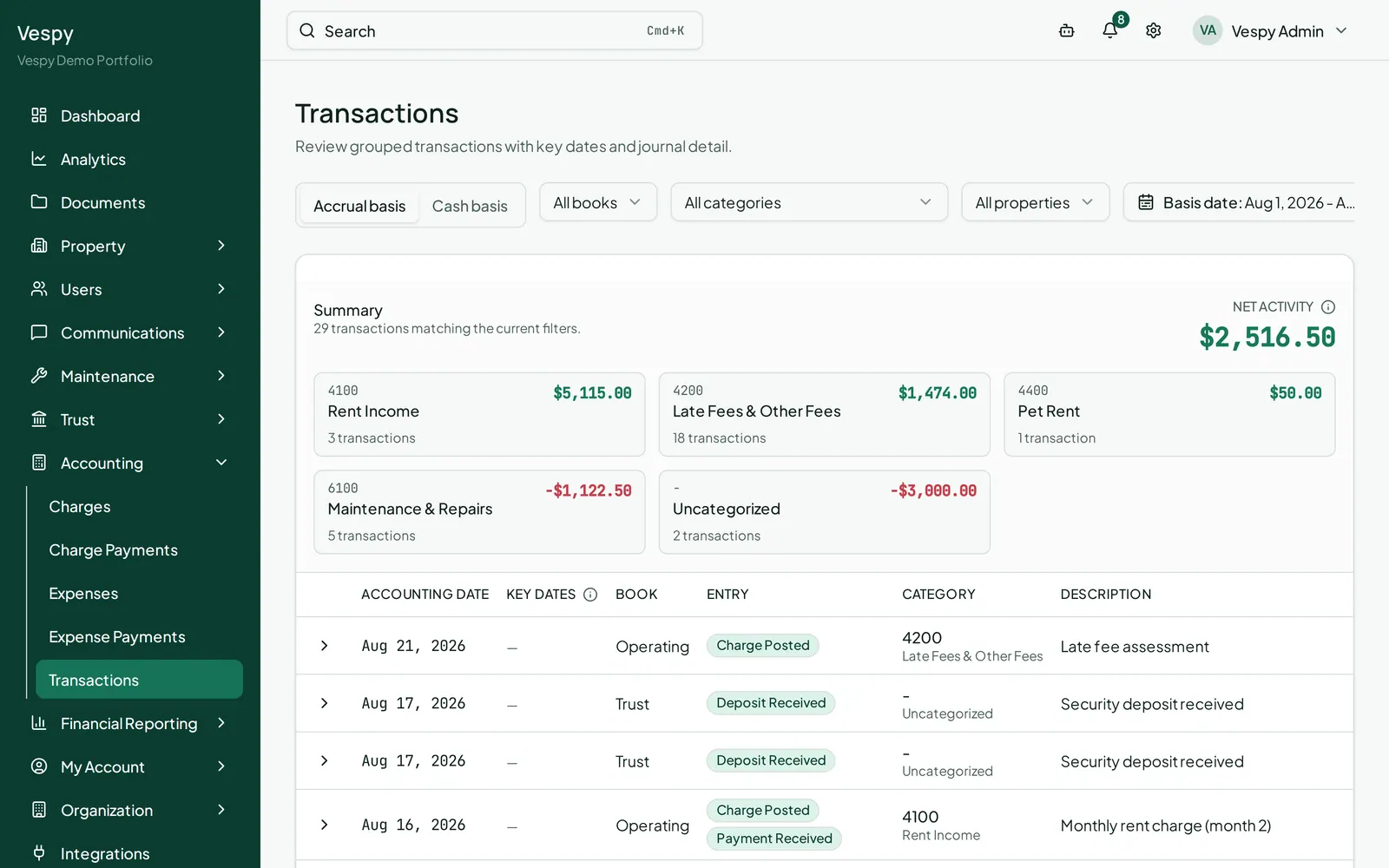 The Transactions screen with its filters above a list of posted entries.