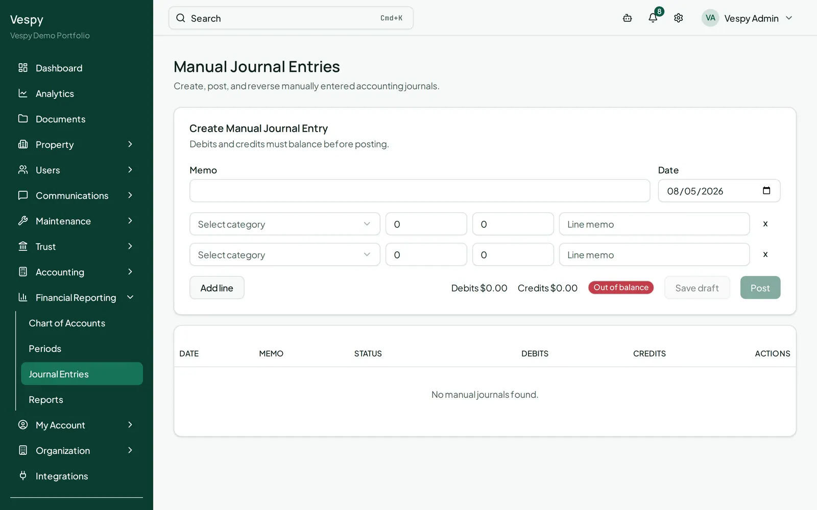 The Journal Entries screen, where a manual entry is built from balancing debit and credit lines.