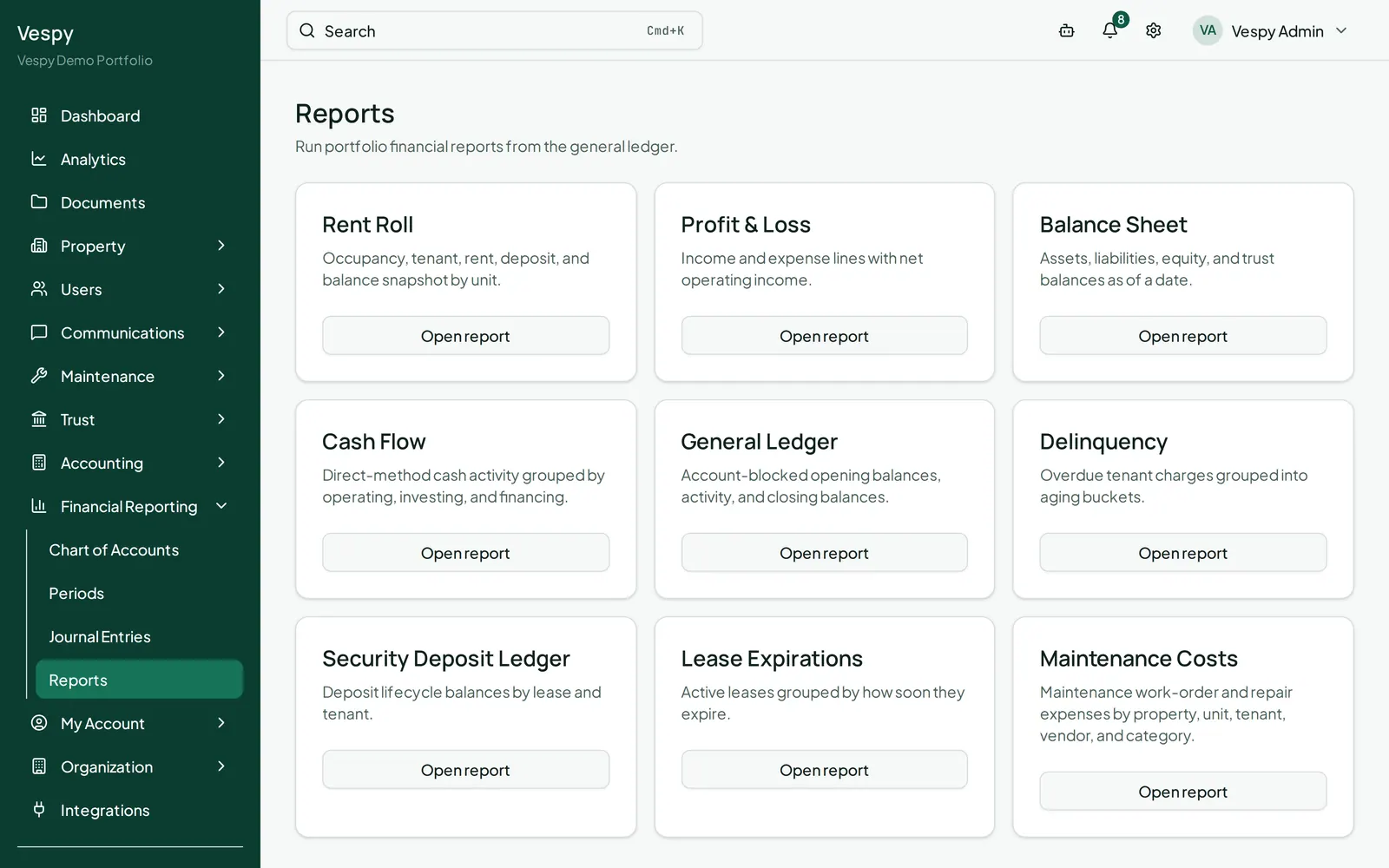 The Reports index listing Rent Roll, Profit and Loss, Balance Sheet, Cash Flow, General Ledger, and the other available reports.