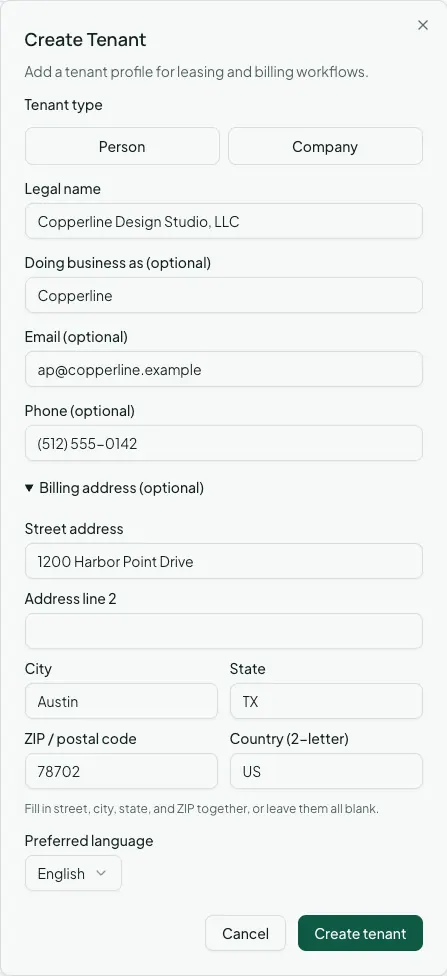 The Create Tenant dialog with Tenant type set to Company, showing legal name, doing-business-as, email, phone, and billing address fields.
