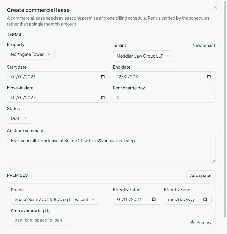 The top of the Create commercial lease dialog: property, tenant with a New tenant link, start, end, and move-in dates, rent charge day, status, abstract summary, and one premise on Suite 300 marked primary.