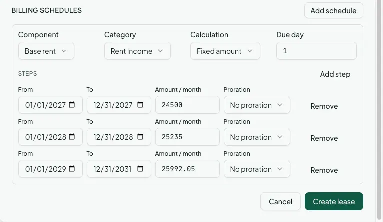 The billing schedules section of the dialog: a base rent schedule billed to Rent Income on day 1 as a fixed amount, with three dated rent steps rising each January.