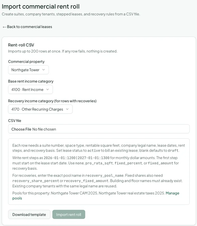 The Import commercial rent roll page: property, base rent and recovery income categories, the CSV file picker, the column rules, and the Download template and Import rent roll buttons.