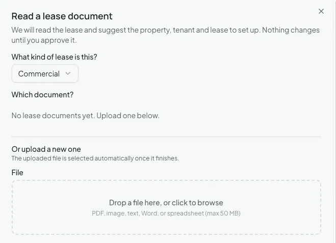 The Read a lease document dialog with the lease kind set to Commercial, the list of existing lease documents, and a drop zone to upload a new one.