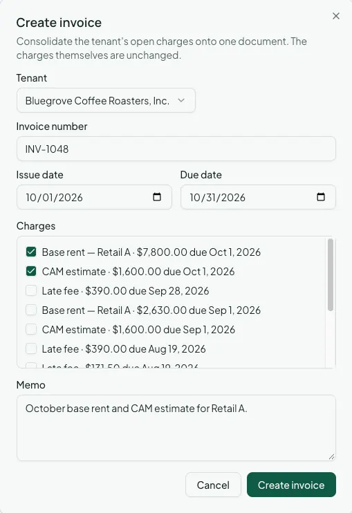 The Create invoice dialog: tenant, invoice number, issue and due dates, the tenant’s open charges to tick, and a memo.