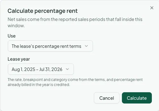 The Calculate percentage rent dialog using the lease’s percentage rent terms for the August 2025 to July 2026 lease year.
