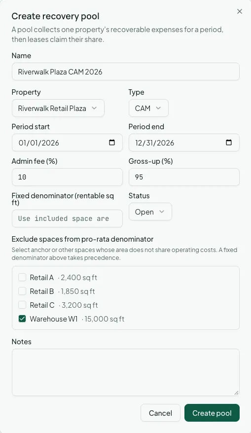 The Create recovery pool dialog: name, property, type, period, admin fee, gross-up, fixed denominator, status, and the list of spaces to exclude from the pro-rata denominator.