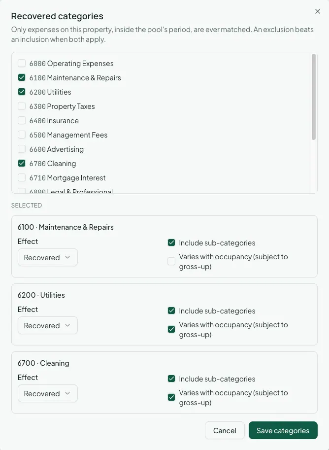 The Recovered categories dialog: Maintenance & Repairs, Utilities, and Cleaning ticked as recovered, each including sub-categories, with Utilities and Cleaning marked as varying with occupancy.