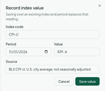 The Record index value dialog: index code CPI-U, the November 2026 period, a value of 329.6, and the source.