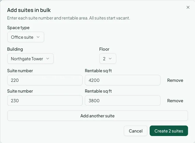 The Add suites in bulk dialog: one space type, building, and floor for the batch, then a suite number and rentable square footage per row.