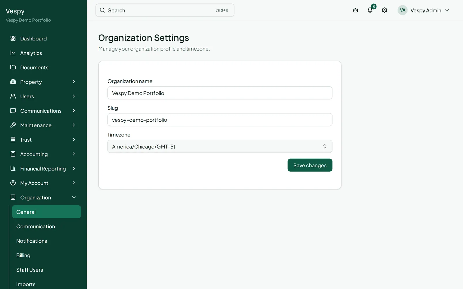Organization settings, General: the organization name, contact details, and locale options.
