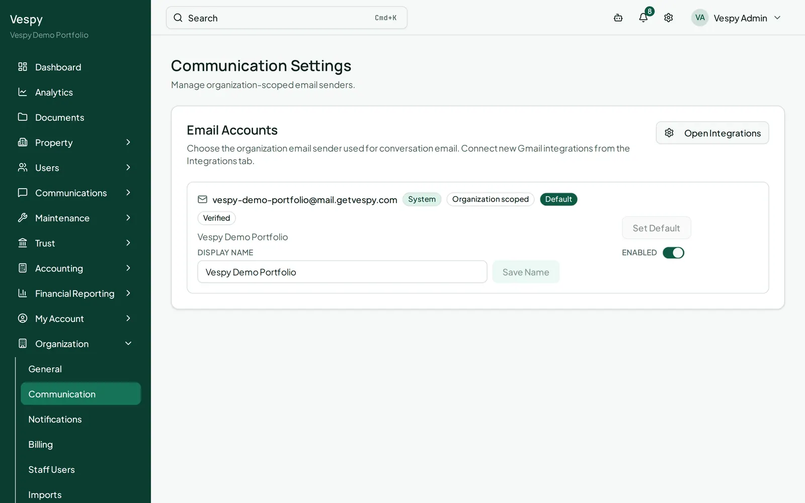 Organization settings, Communication: the sending identity and reply-to address used for outbound email.