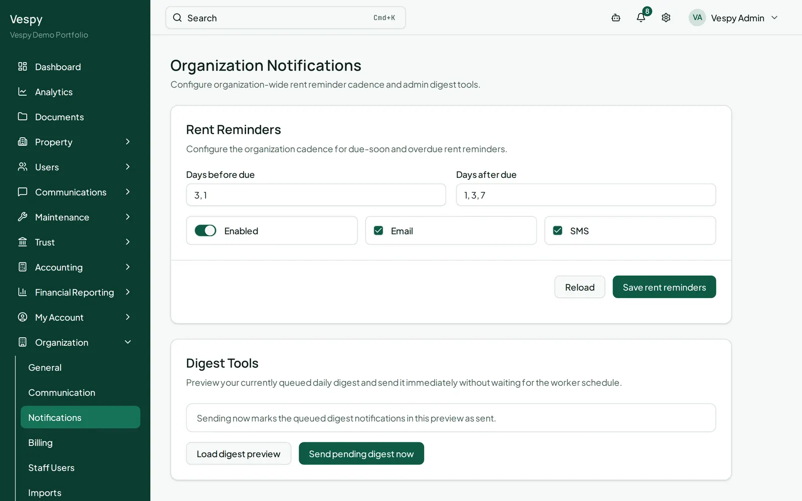 Organization settings, Notifications: the org-wide defaults for which events notify whom.