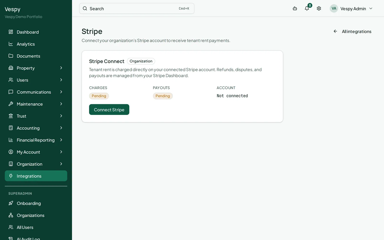 The Stripe payments screen, showing the connection status for the account that processes tenant payments.