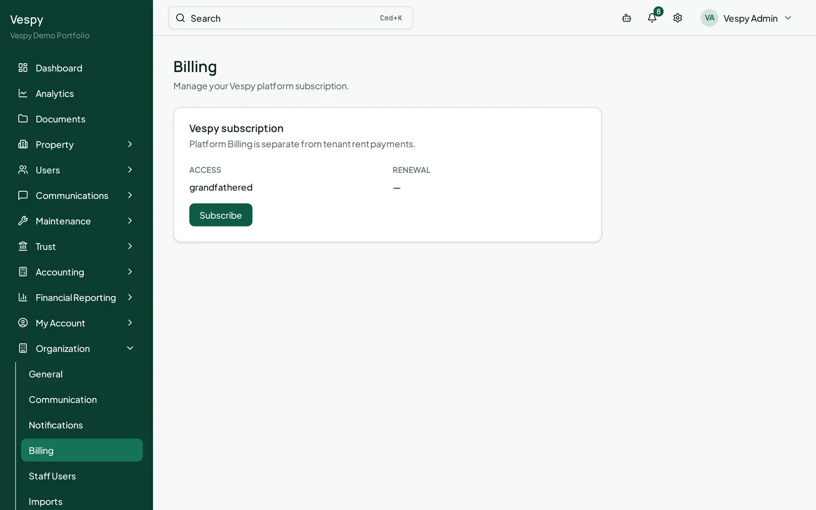 Organization settings, Billing: the Vespy subscription plan and its current usage.