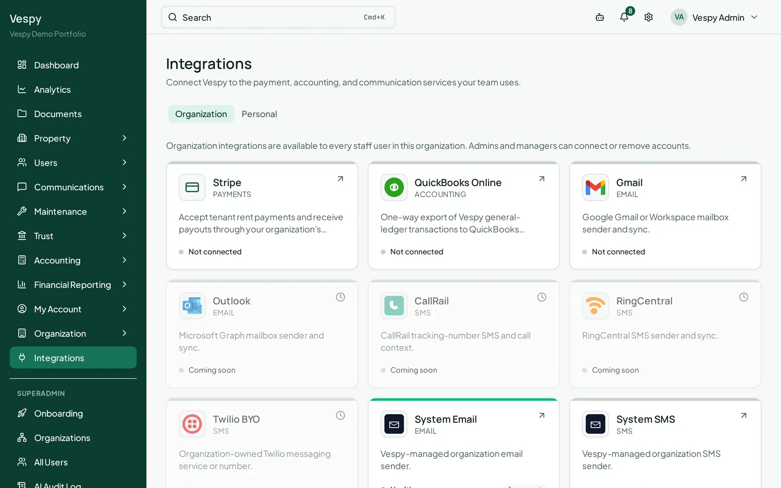 The Integrations screen, where Gmail is connected. Clicking Connect hands off to Google’s own consent screen.