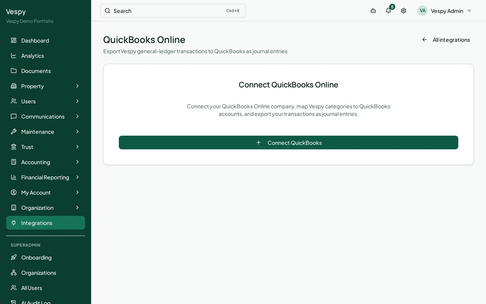 The QuickBooks Online integration screen showing the connection status before handing off to Intuit to authorize.