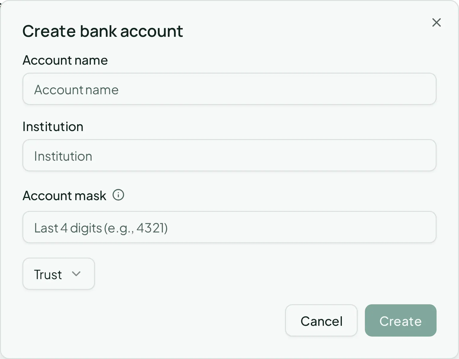 The Create bank account dialog for a trust account that holds deposits separately from operating funds.