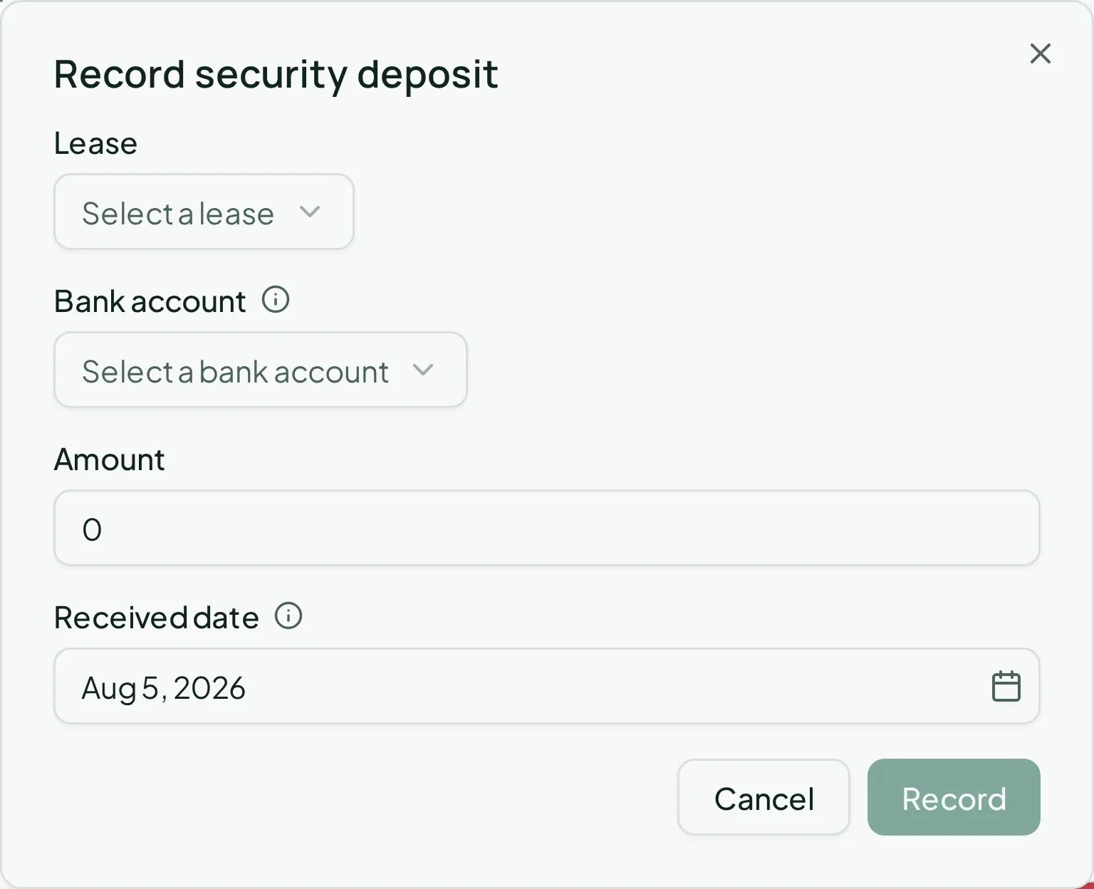 The Record security deposit dialog, tying the amount to a lease and the trust account holding it.