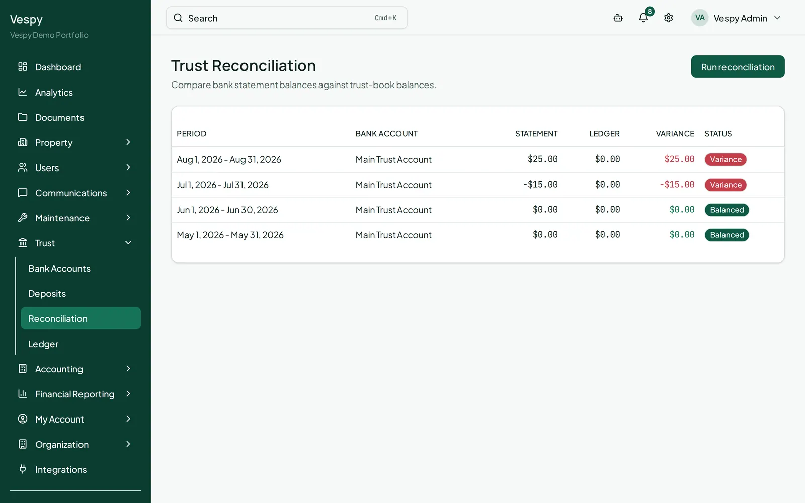 The Trust Reconciliation screen, matching the trust ledger against the bank statement.