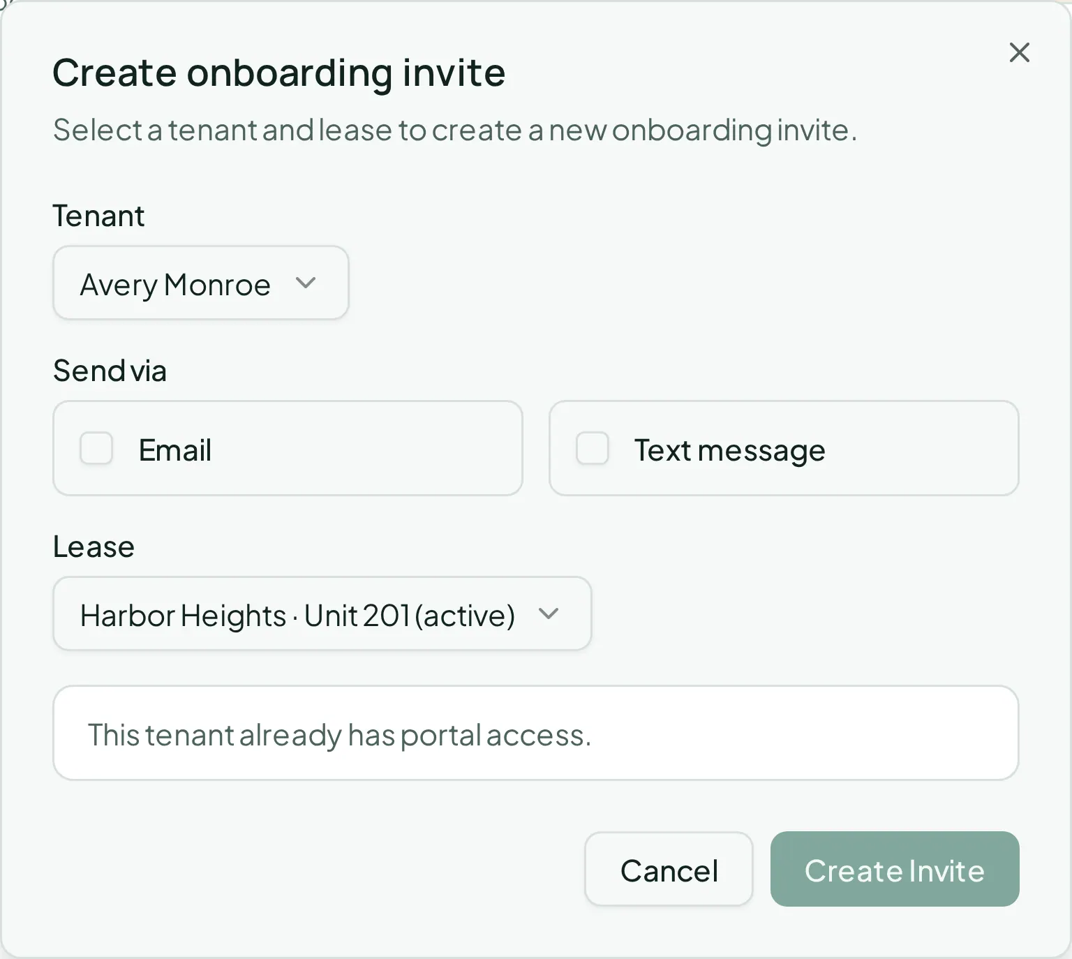 The Create onboarding invite dialog, choosing the tenant and the lease the invite covers.