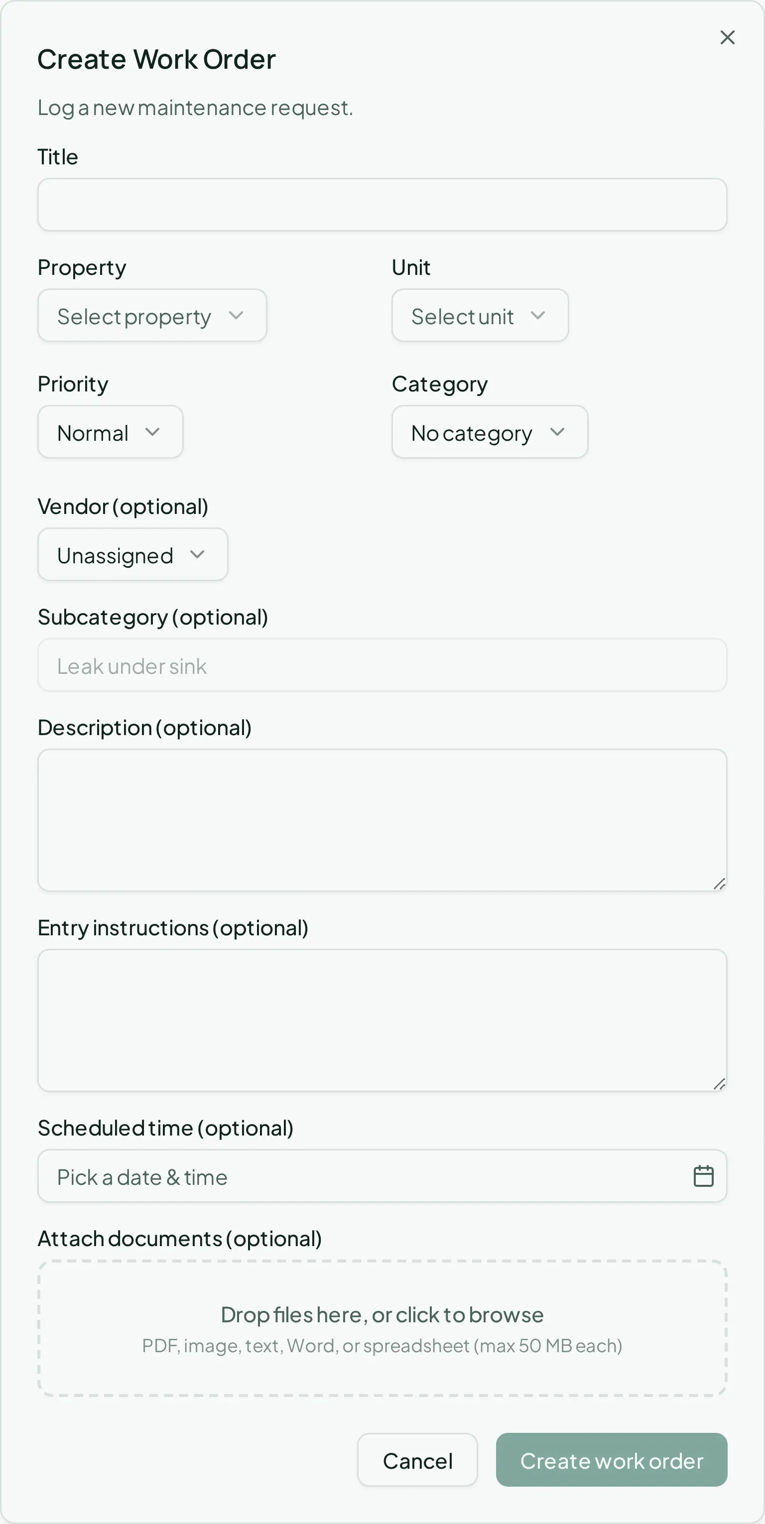 The Create Work Order dialog, with the property, unit, priority, and description of the problem.