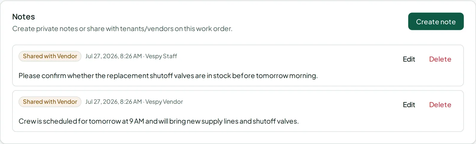 The notes thread on a work order, where each note is marked internal or visible to the tenant and vendor.