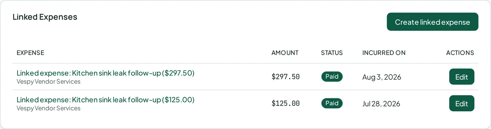 The Linked Expenses panel on a work order, tying vendor bills to the job that caused them.