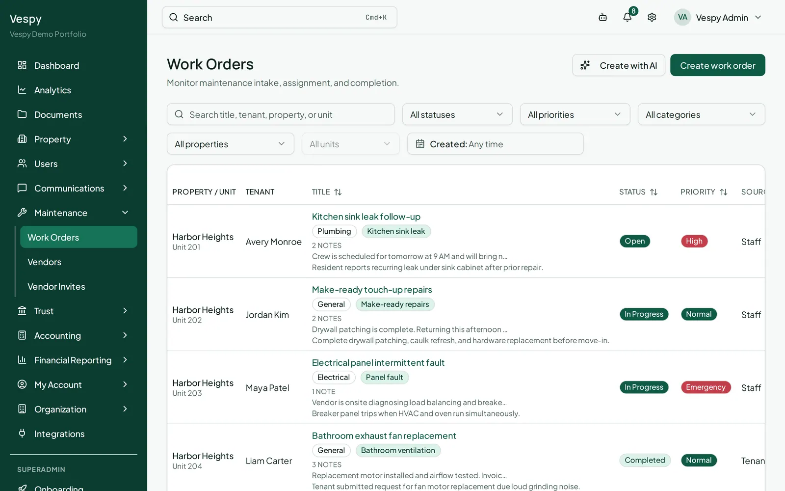 The Work Orders list, where each job’s status is tracked through to completion.