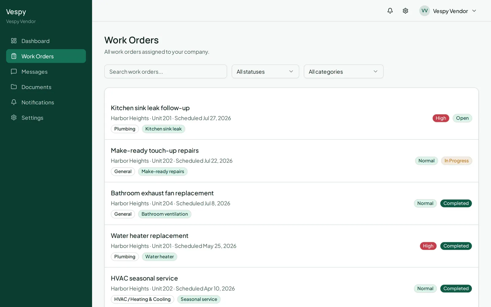 The same job as the assigned vendor sees it in their own portal.
