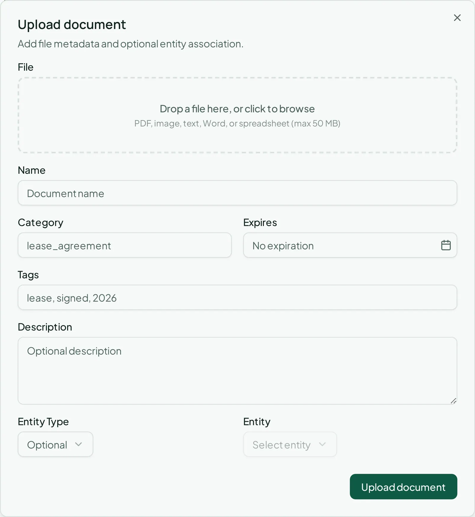The Upload document dialog, where a file is tagged and attached to a property, lease, or tenant.