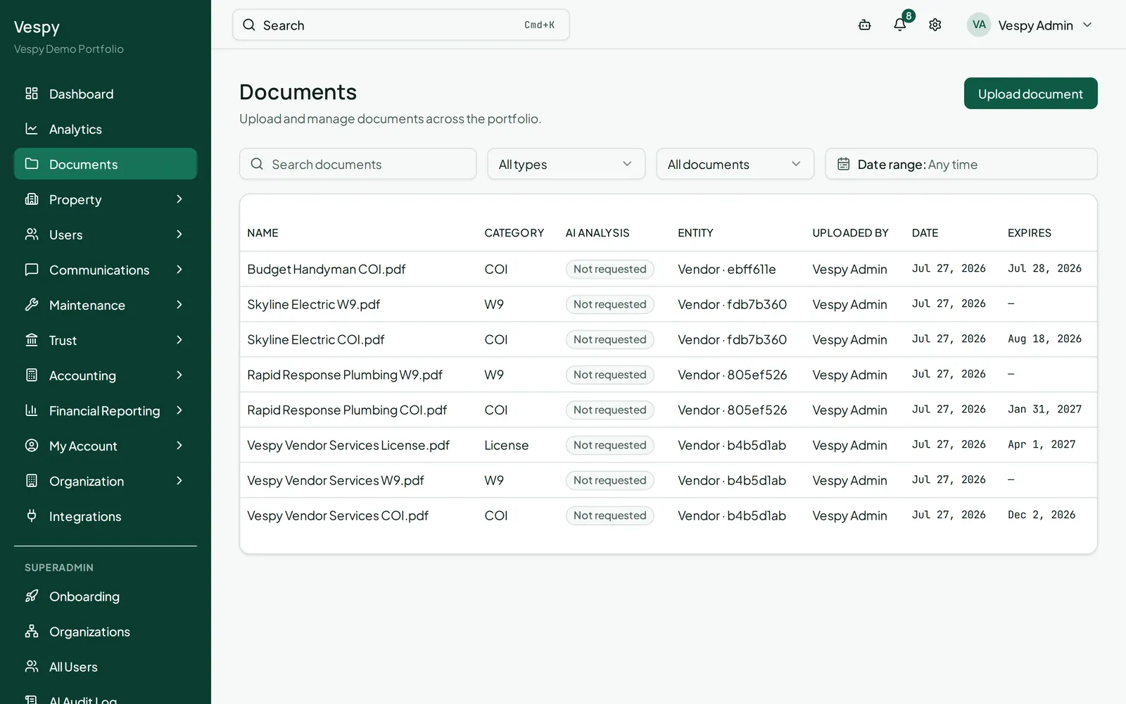 The document library with its search and filters above the list of stored documents.