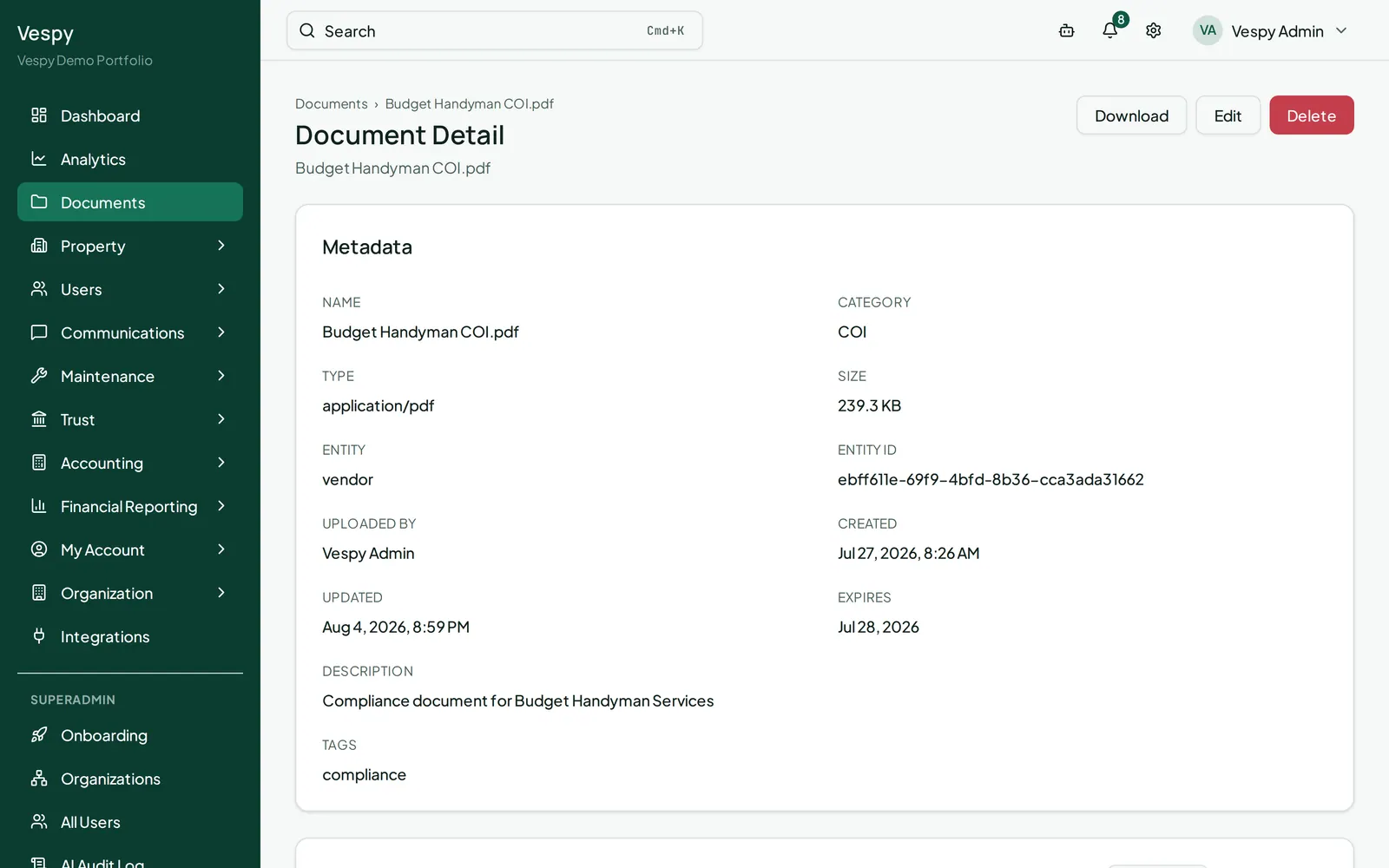 A document’s detail page with its preview, metadata, and download action.