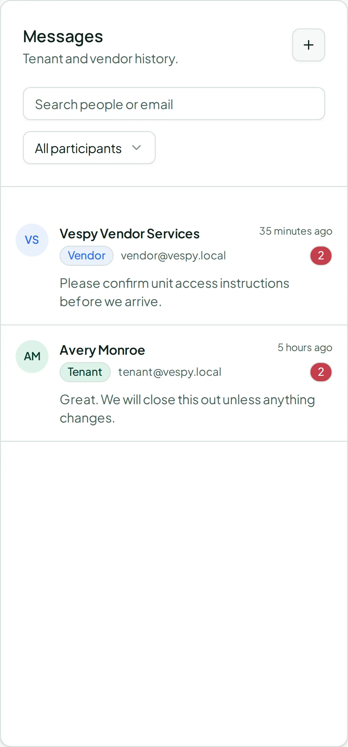 The unified inbox listing tenant and vendor conversations.