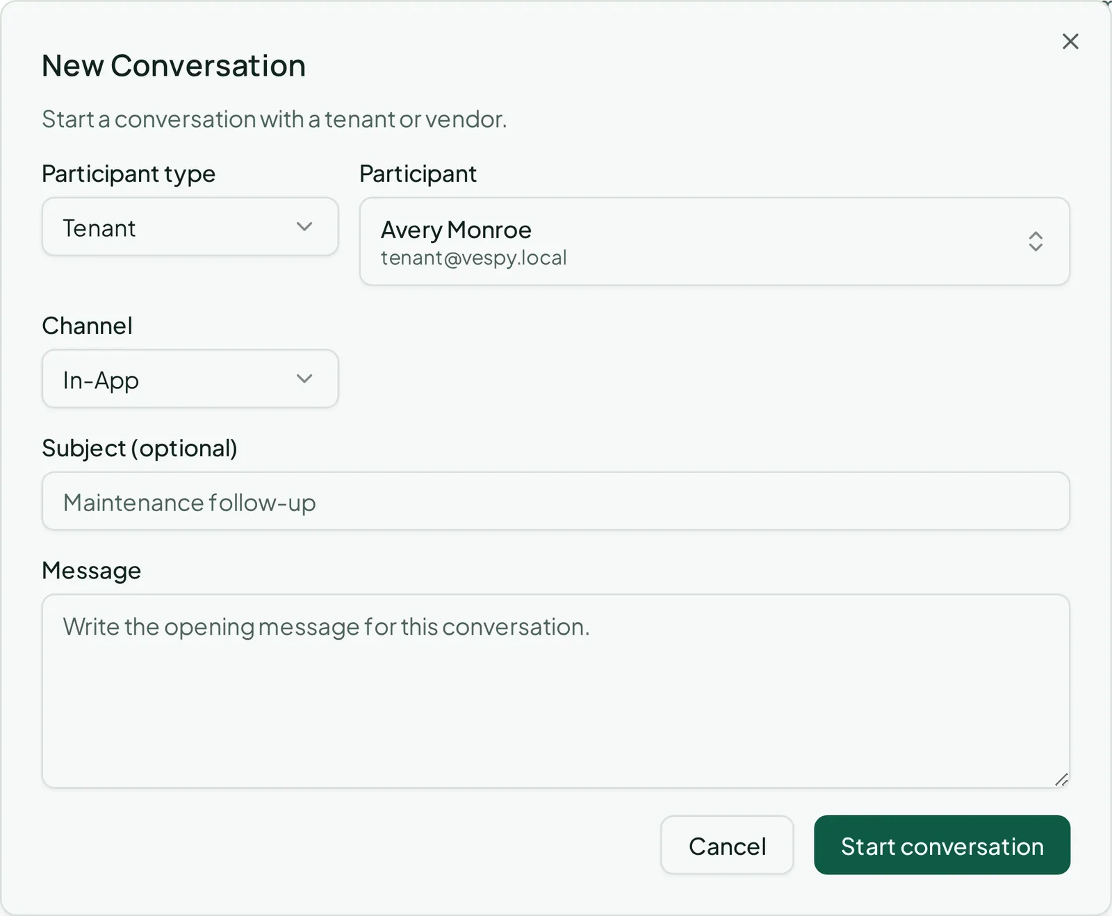 Starting a new conversation by choosing the tenant or vendor to write to.