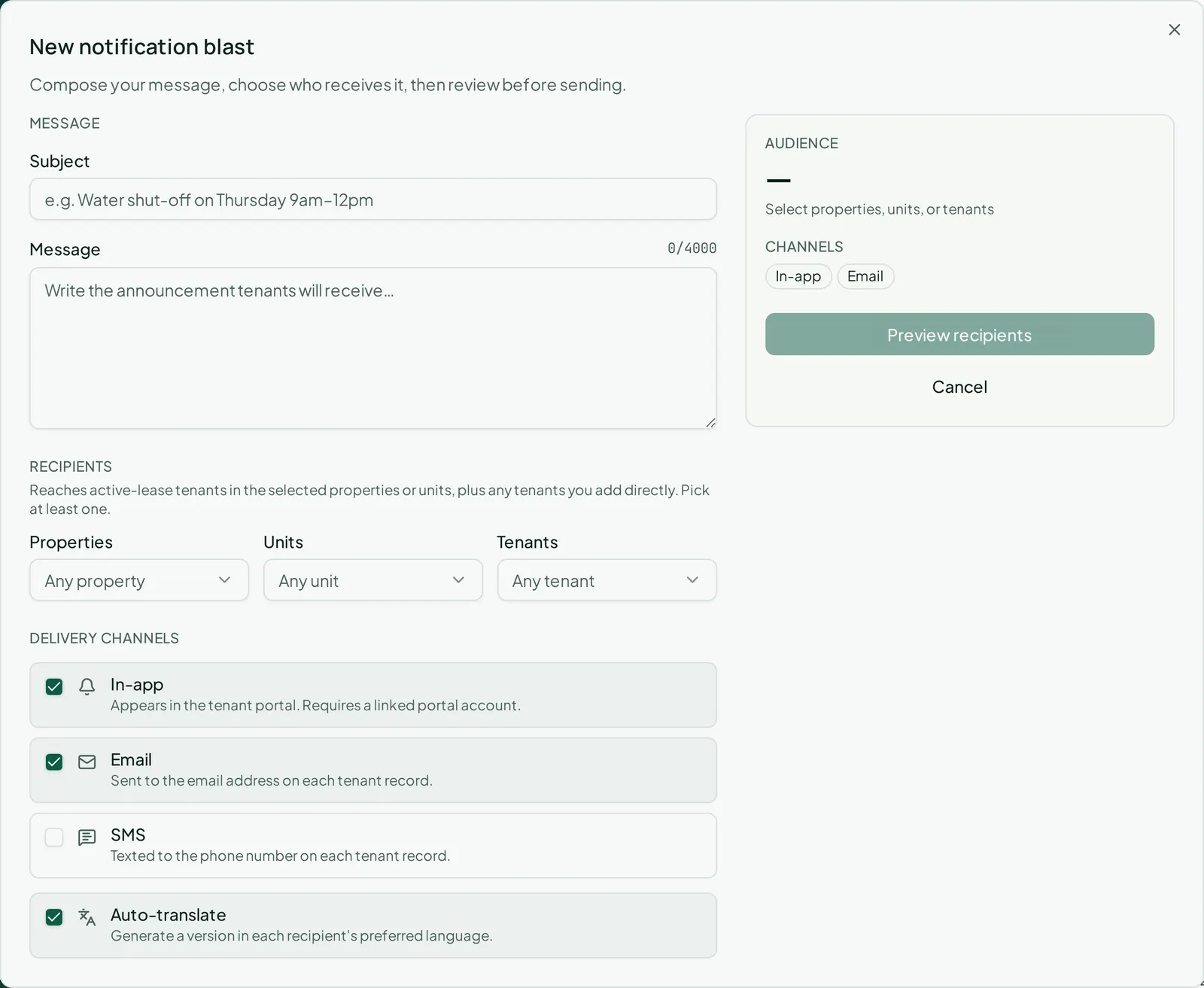 The blast composer, choosing an audience and writing one message to send to all of them.